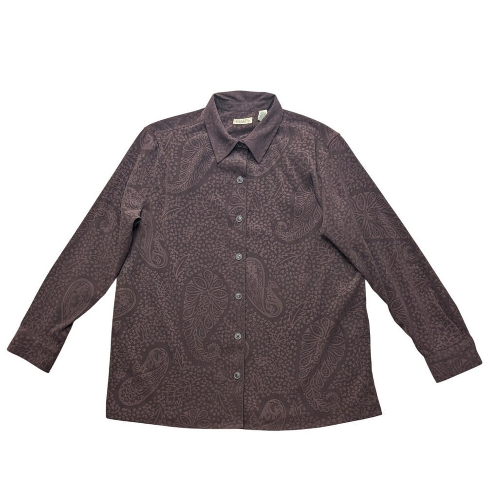 Classic Elements Paisley Button Down Shirt Womens L Brown Long Sleeve Stretch